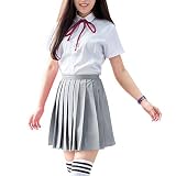 女子高生 コスプレ制服 学生服 セーラー服 無地 プリーツスカート 定番 本格 JK制服 コスチューム 夏服 半袖 長袖 丸襟ブラウス ミニスカート リボン付き (半袖+グレースカート, M)