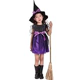 子供の赤ちゃんの女の子の魔女のドレスアップハロウィーンの子供の服の衣裳の服のドレスパーティードレス+魔女の帽子+ベルト（5-12） (Color : Purple, Size : M(5-7years