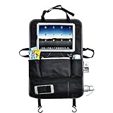 Lmeison Backseatカーシートキックマットとオーガナイザー、PUポケットプロテクター赤ちゃんベビーカー&子供旅行アクセサリー、折りたたみ式車オーガナイザーホルダー(ブラック)