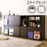 ディスプレイラック 2個セット（本棚 リビング収納）雑誌用 フラップ扉付き ダークブラウン