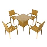 人工ラタンチェア4脚 四角テーブル1台 5点セット 強化ガラス ナチュラル 籐 肘掛け付き 家具 ファニチャー インテリア スタッキングチェア リビング chair 椅子 南国 アジアン バリ風 リゾ