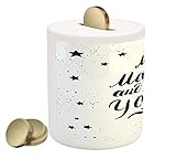 Romantic Piggy Bank by Ambesonne、Moon Magic and You Inspirational Messyモダンブラシ書道ペンwith星、印刷セラミックコイン銀行お