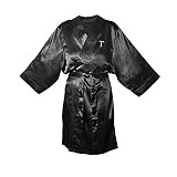 Cathy's Concepts Personalized Black Satin Robe, L/XL, Letter T