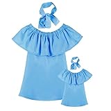 sunbona Mommy and Meベビーガールファッションソリッドオフ肩tuffled Aラインプリンセスドレスカジュアル夏ファミリ服服装 カラー: ブルー