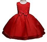 ベビードレス ベビーデイジー 結婚式 セレモニードレス フォーマルドレス 子供服 女の子 赤ちゃん お宮参り ティアードスカート 出産祝い　百日記念　ベビー撮影　チュールスカート (12M, レッド)