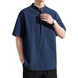 [SHANLIANG] シャツ メンズ 半袖 Tシャツ 夏服 綿麻 和風 おしゃれ カジュアル ゆったり 無地 大きいサイズ お洒落 トップス 軽い 通気 柔らかい 吸汗速乾 人気 服 (JP, アルファベット, M, 男子（大）, 2#tシャツ:ネイビー)
