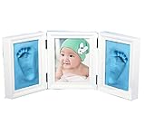 ベビーの写真と一緒に 手形 足形 を飾る木製折りたたみ フォトフレーム！！ 贈り物 出産祝いにも 白 フレーム 粘土 (ベビーブルー)