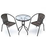 LOWYA （ロウヤ） 【アウトレット品】 ガーデンテーブル 3点セット 強化ガラス ラタン調デザイン 簡単組立て スタッキング ガーデンチェア ブラック/ダークブラウン