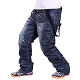 メンズ スノーボードウェア パンツ デニム風 プリント スキーパンツ 棉入れ 防風防水保温通気 サスペンダーは取り外し可能 メンズ スノーパ
