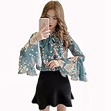 [XINXIKEJI]ブラウス レディース 春秋 花柄 ｖネック フレア シフォン 長袖 シンプル きれいめ 体型カバー 普段着 通学 運動会 旅行 M ブルー
