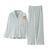 ALUP- 秋と冬 - パジャマホームサービス漫画ストライプカーディガン綿スーツ ( 色 : 緑 , サイズ さいず : L l )