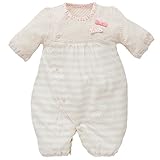 西松屋 [EFD] 天竺長袖コンビドレス（胸切り替えボーダー・リボン付き） 【新生児50-60cm】　生成