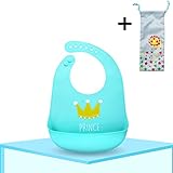 食事用スタイ エプロン ビブ 食品級シリコン ベビー 赤ちゃん キッズ ポケット付き 防水 漏れ防止 水洗い可 折り畳み 6段階に調整できる 収納袋付き (Prince)
