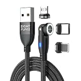Eight Place マグネット 充電ケーブル ９ＰＩＮ【1本】 540度(360度+180度)回転 3A急速充電 QC3.0 Type-C Micro USB 磁石 磁気 着脱式 (2M, ブラック)