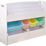 ottostyle.jp 絵本棚付おかたづけ収納ラック エッジクッション付き 【ホワイト×パステルカラーボックス】 ワイドタイプ 幅106.5cm ワゴン付き おもちゃ箱 おもちゃ収納 トイラック トイボックス マガジンラック