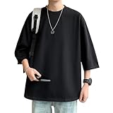 [Culeevp] 夏服 メンズ tシャツ 半袖 大きいサイズ 無地 7分袖 ラウンドカット 柔らかい 黑XL
