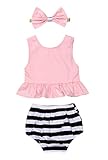 ベビーガールズ夏服ピンクブラウストップ+ストライプショートパンツ+ヘッドバンド3点衣装セット カラー: ピンク