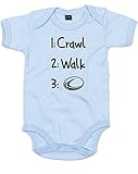 (１：ハイハイ　２：歩く　３：ラグビー) 1: Crawl 2: Walk 3: Rugby, プリント　ベビースーツ - ライト　ブルー/黒 6-12 ヶ月
