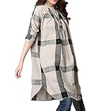 LZE格子 大きなサイズ 綿とリネン ロングスリーブ シャツ レディース Tシャツ ロング丈 ボタン 不規則 女性 洋服 上着 日常着 大人 おしゃれ 体型カバ― お呼ばれ 通勤 日常 快適 20代3