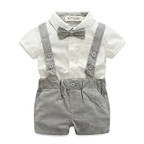 赤ちゃん男の子用衣類セット乳児用蝶ネクタイ+白シャツ+ショートオーバーオール3本/新生児服灰色黒のストラップ10-12M