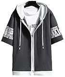 [エンプティオ] 半袖 ジップアップパーカー お洒落 ストリート系 アウター メンズ v系 半袖パーカー 英字 デザイン パーカー 上着 ビッグシルエット トップス アウトドア ツートン アメカジ オーバーサイズ フード付 五部袖 ジャケット 派手 羽織 スポーツ ジップアップ スポーツウェア 半袖シャツ フルジップ ジッパー付 トレーニング ビックシルエット 前開きフルジップ (3XL) グレー