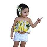 Aliciga 子供服 女の子 上下セット ノースリーブ 肩出し ベアトップ 果物のプリント ボートネックTシャツ+穴あるジーンズ+ヘッドバンド ルース リボン へそ出しルック かわいい トップス フ