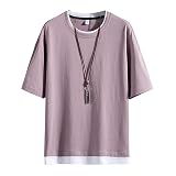 [Hiboss] tシャツ メンズ 半袖 無地 重ね着風 大きいサイズ ゆったり 五分袖 メンズ 夏服 パープルM