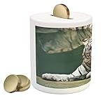 Tiger Piggy Bank by Ambesonne、ベンガルシンボル水泳ブラックスプライトホワイトBeast Large Cat Animals Having Fun、印刷セラミックコイン銀行