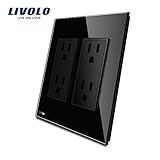LIVOLO ブラックウォールアウトレット垂直2ゲージUSソケット、強化ガラスパネル（15A）、AC 110〜220V、プラグ付きウォールパワーポイント(15A), VL-C5C4US-12