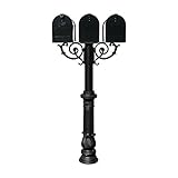 The Hanford Triple Mailbox Post System with Ornate Base, 3 E1 Mailboxes, Mounting Brackets and Scrol