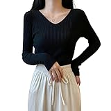 [PALAME] リブニット レディース Vネック セーター ニュートライ浅Vネック・大人め高級魅力・鎖骨美人・重ね着・高伸縮・リブ素材・着回し力・華奢見え・薄手 ニットソー カットソー トップス ニット 長袖 リブ 秋 冬 ストレッチ (ブラック)
