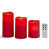 Red Flameless Pillar Candle Set | Warm White LEDs Smooth Wax Finish Melted Edge Timer Option | Remot