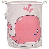 海チーム19.7 " Large Sized防水コーティングラミーコットン生地折りたたみランドリーHamperバケットCylindric黄麻布キャンバスストレージバスケットwith Cute Whal