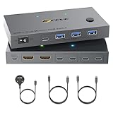 KCEVE デュアルモニター USB-C USB3.0 KVMスイッチ 2入力2出力 ノートPC用 4K@60Hz KVM切替器 Type-C 100W PD充電、パソコン切替器 2台 Type-C、2台のモニターと１組のキーボード マウスを共有できる、手元スイッチやUSB-Cケーブル付属