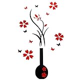 Elegant 3D Stereo Decoration Art Wall Decor Sticker Round Vase Red Plum Blossom [並行輸入品]