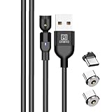 DAIAD USB A to Type-C マグネット式 充電ケーブル 1PIN 充電専用 着脱式 LED付き 防塵キャップ 首振り L字 360度回転 ナイロン編組 端子3個セット 2m (ブラック)