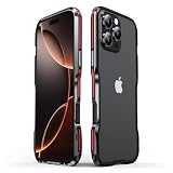 バンパーフレーム カメラレンズ保護カバー 背面シート iPhone 16 用 ケース ストラップホール 軽量 アイフォン16 カメラ保護 アルミ メタル バンパー (ブラック+レッド, iPhone 16)