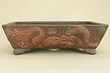 いよじ園 （盆栽鉢） 時代鉢 和泉窯 虫喰肌竜浮彫文長方鉢（中型サイズ 無傷）(いよじ園 伊予路園)