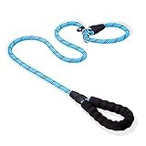 犬用リード リード 犬 ドッグ スリップリード【改良型】小型、中型、大型犬用リード 丸ロープ 訓練リード ロングリード 反射材料 しつけリード 引っ張り防止 絡みにくいのトレーニングリード ロック式360°回転できカラビナフック スポンジ取っ手 軽量で屋外の散歩や遊びに最適 犬用品(1.5m, ブルー)
