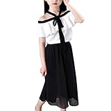 菲服 上下セット夏 赤ちゃん女の子シフォンTシャツのトップス+ワイドレッグパンツ ホワイト （90-130） (100)