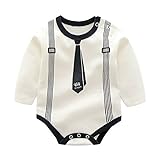 Famuka ベビー服 紳士 ロンパース 男の子 新生児 長袖 ボディースーツ (白ーネクタイ, 3-6M)