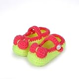 Yuelian 手編みベビーシューズ レッドリボン ボタン靴ひも付き (蛍光黄色)