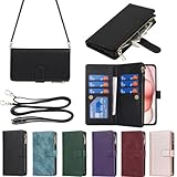 Eastwave アイフォン 15 ケース For iPhone 15 縄掛けケース For iPhone15 手帳型 財布型 ICカード コインポケット ストラップ付き カード 収納 小銭入れ ファスナーポケット付き PUレザー 6色ブラック