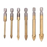 Akozon 6本ガラスドリル4/5/6/8/10 / 12mmチタンタイルドリルビット六角メッキトライアングルビット電動工具