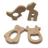 Kissteether 4pcs 手作り木製品オーガニックセーフベビーテイカー牛イーグル恐竜アルパカペンダントオーガニックナチュラルブナ木製玩具ハンドカット動物DIYジュエリーアクセサリーを作る (4