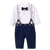 ANKECHANG ベビー服 Yシャツ ワイシャツ ズボン デニム サスペンダー 3点セット 男の子 蝶ネクタイつき フォーマル セレモニー ベビースーツ size 80 (ホワイト)