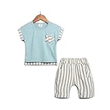 YiYa 子供服 男の子 ベビー服 赤ちゃん ベビー キッズ セットアップ 上下 2点セット 半袖 Tシャツ 男児ショートパンツ 子供 可愛い ヒトデ ストライプ 夏 カジュアル お出かけ 出産祝い 