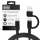 BLACK+DECKER USB Cマルチ充電ケーブル アダプター付き高速マルチ充電ケーブル 編組2イン1マルチUSBケーブル、ユニバーサル充電コード タイプC/USBアダプター付き iPhone 16 15/Samsung/LG/タブレットなど用