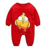 エルフ ベビー(Fairy Baby)新生児服 カバーオールロンパース 長袖 四季兼用 可愛いにわとり柄 90cm レッド