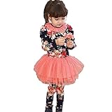 キッズ 女の子 花柄 セットアップ 長袖 Tシャツ チュールスカート付き レギンス スカッツ 上下セット (140, 紺色)